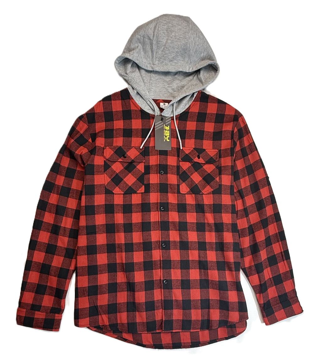 Men’s Red Black Check Hooded Flannel Shirt – Size XL